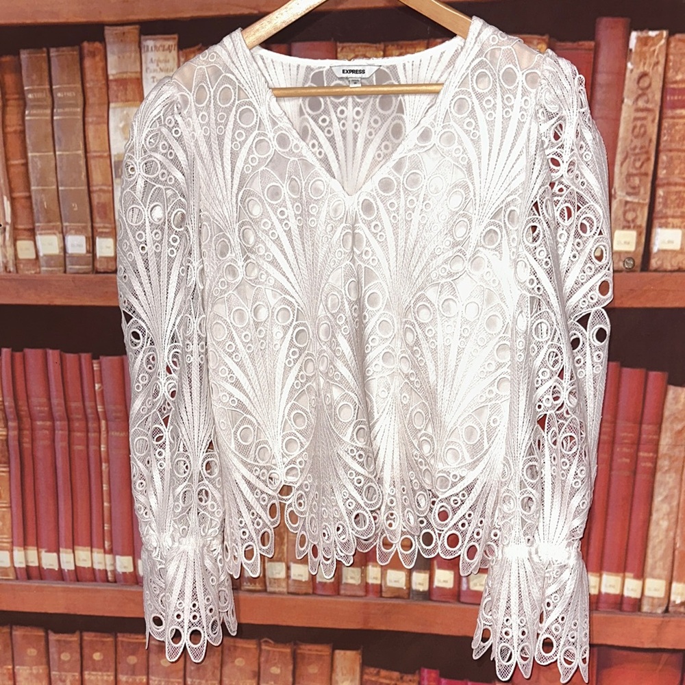Express White Lace Eyelet Crochet Statement Top Medium